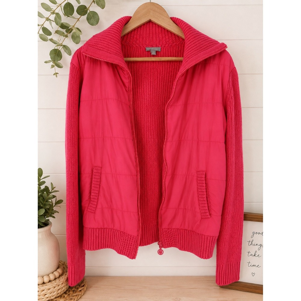 T by Talbots Puffer Knit Jacket Womens Small Pink Quilted Zip Up Hybrid